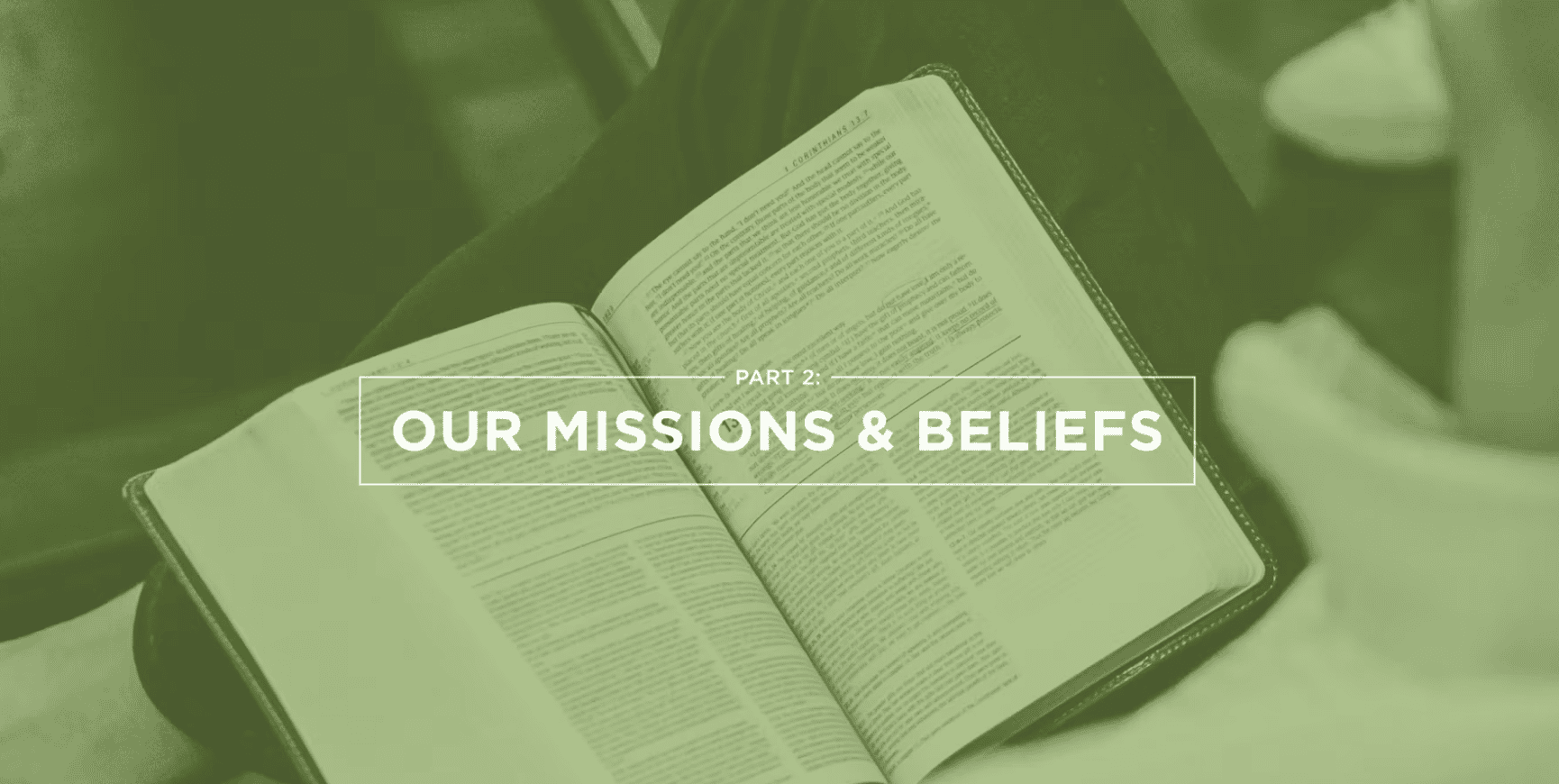 Open Bible with "Our Missions & Beliefs" overlay at Rolling Hills Community Church.